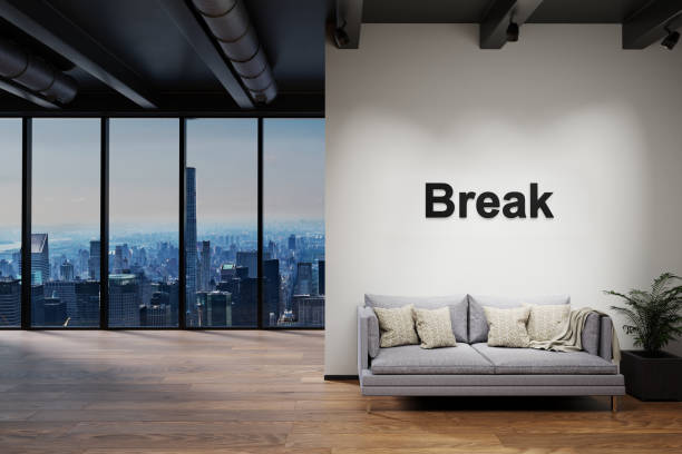 istock modern luxury loft with skyline view and vintage couch, wall with break lettering timeout relax concept, 3D Illustration 1312322321
