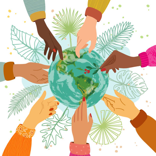 istock Colored vector illustration in flat style. Happy earth day concept with the hands of people of different nationalities reaching out to the earth 1312323308