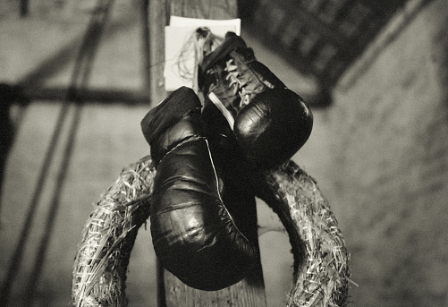 Boxing glove, old, hanging, red, lost, wooden background, vintage, Wreath of victory,