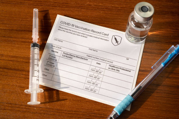 istock Covid-19 vaccination record card concept 1312328044