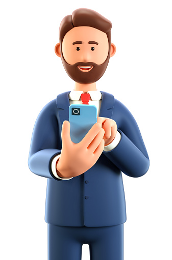 3D illustration of man looking at smartphone and chatting. Cute cartoon smiling businessman talking and typing on the phone. Communication in social networking, mobile connection, messenger concept.