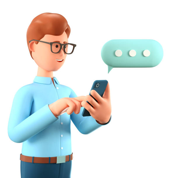 3d illustration of man chatting on the smartphone and speech bubble. cartoon smiling businessman talking and typing on the phone. communication in social networking, mobile connection. - internet dating men chat room internet imagens e fotografias de stock