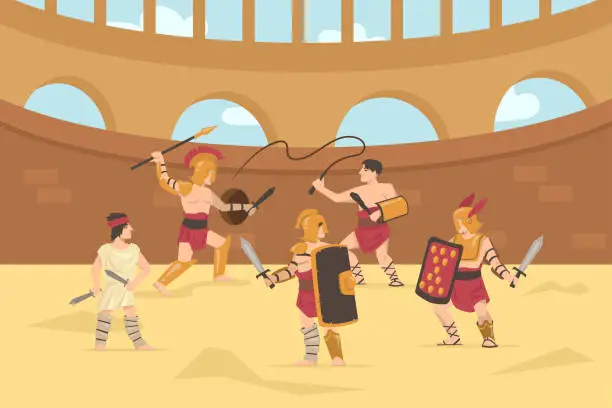 Vector illustration of Roman armored soldiers fighting with swords, spears and whips