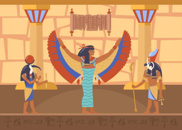 ilustraciones, imágenes clip art, dibujos animados e iconos de stock de la diosa egipcia alada maat rodeada de deidades de ra y thoth - diosa de la justicia y de la verdad