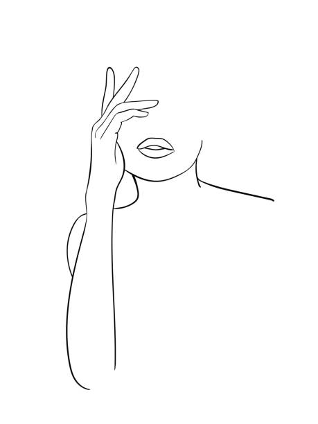 Minimal line art woman with hand on face. Black Lines Drawing. - Vector illustration Minimal line art woman with hand on face. Black Lines Drawing. - Vector illustration human arm stock illustrations