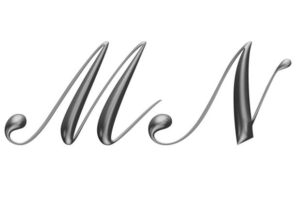 3d alphabet, uppercase metallic letters, m n, White background, 3d illustration