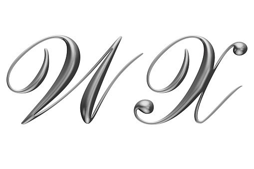 3d alphabet, uppercase metallic letters, w x, White background, 3d illustration