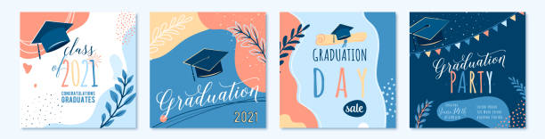 Graduate 2021 vector backgrounds, sale offer banner, greeting cards, party poster. Trendy design congratulation graduation with diploma, cap, plant, dot, organic shape. Modern art in minimalist style Graduate 2021 vector backgrounds, sale offer banner, greeting cards, party poster. Trendy design congratulation graduation with diploma, cap, plant, dot, organic shape. Modern art in minimalist style. graduation designs stock illustrations
