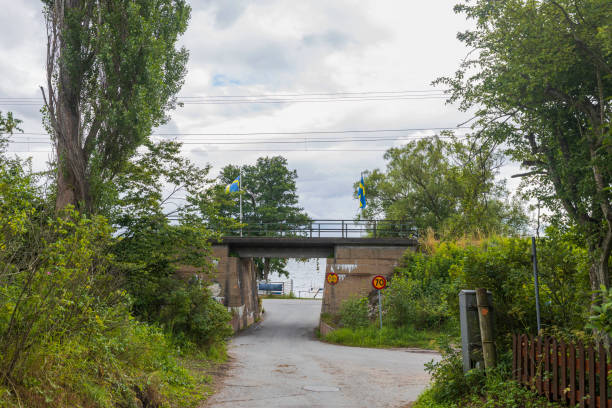 istock Beautiful landscape view. Small road passing under bridge. Green trees on cloudy sky background. Sweden. 1312333049