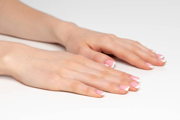 istock Well-groomed female hands with manicure on white background 1312335126