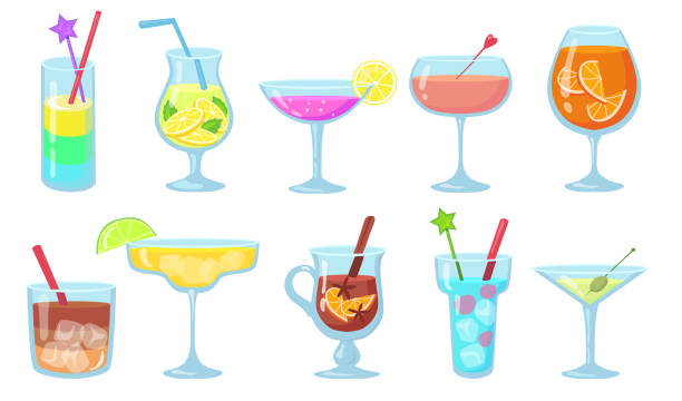 창조적 인 인기있는 알코올 칵테일 플랫 사진 세트 - cocktail martini olive vodka stock illustrations