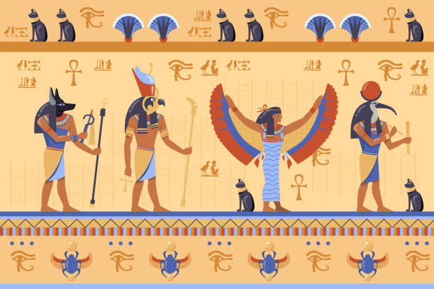 Egyptian deities on ancient bas relief with hieroglyphs Egyptian deities on ancient bas relief with hieroglyphs. Cartoon vector illustration. Horus, Thoth, Anubis, Maat Gods, scarab, symbols, hieroglyphics. Ancient Egypt, history, art, culture concept horus stock illustrations