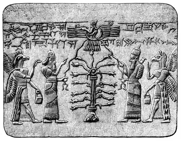 istock The Tree of Life with Assyrian King and with winged creature as guardian and fertilizer of the Tree — Symmetrically repeated. 1312335403
