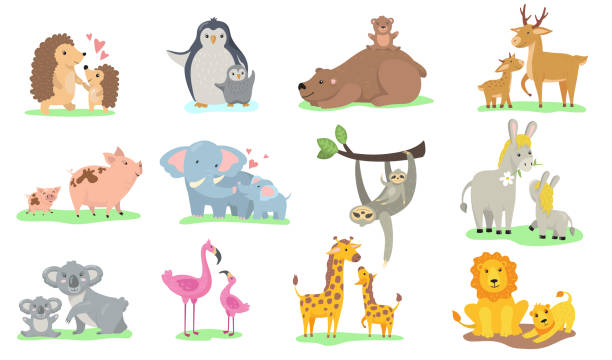 illustrations, cliparts, dessins animés et icônes de petits animaux lumineux avec leurs mamans - famille danimaux