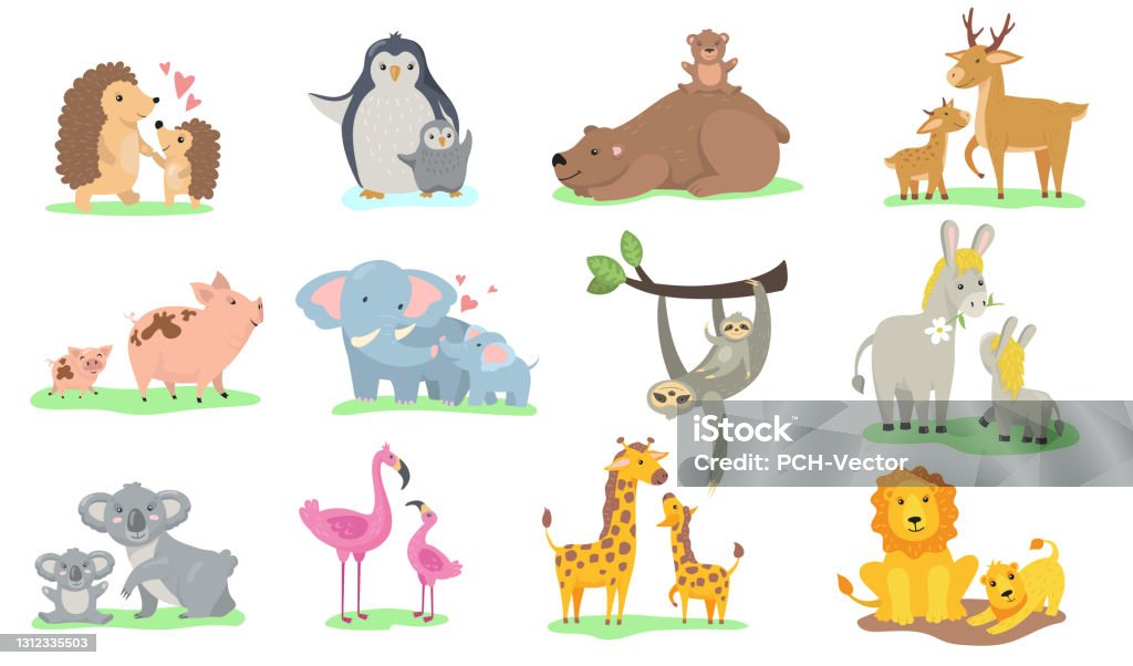 Bright Little Animals With Their Moms Stock Illustration - Download Image  Now - Animal Family, Elephant, Flamingo - iStock
