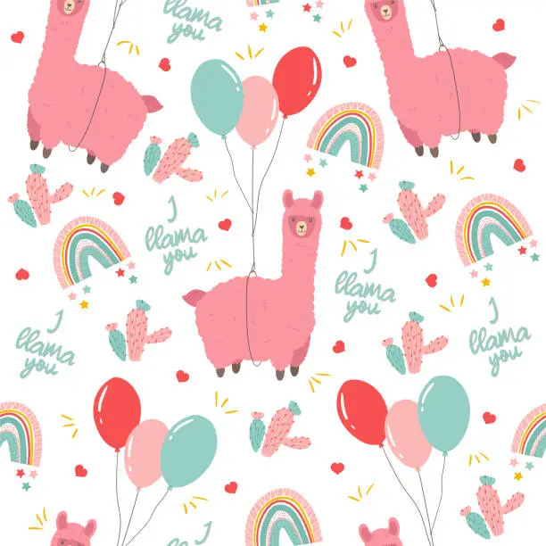 Vector illustration of Cute llama seamless pattern. Alpaca flying on toy balloon, pastel rainbow and cactus. Childish background. Textile or wrappind paper for children. Baby shower party concept.