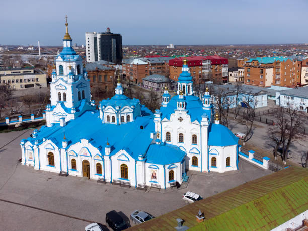 Aerial view on Znamensky church. Tyumen. Russia stock photo