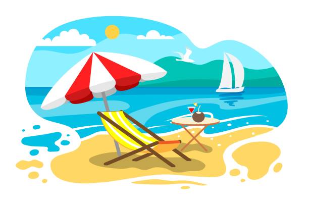 ビーチ海辺の休暇の夏休みラウンジャーの傘と��サンラウンジャー海の風景美しい海景ベクトルイラスト - outdoor chair illustrations点のイラスト素材／クリップアート素材／マンガ素材／アイコン素材