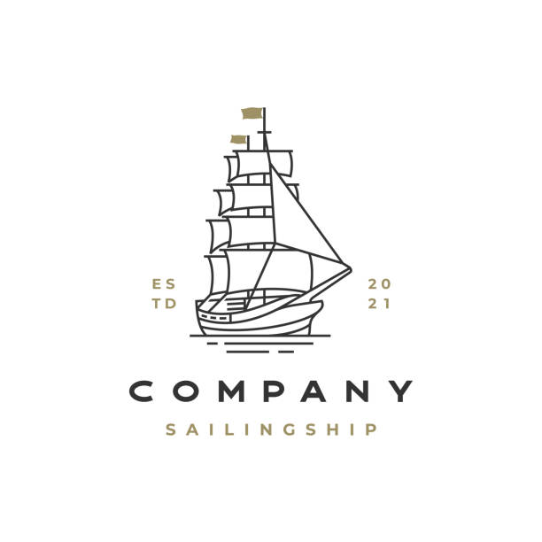 illustrations, cliparts, dessins animés et icônes de voilier line art symbol design vector illustration, icône, aventure, art, couleur noire, boat deck illustration stock old, ancient, sailboat, caravel, vector - brigantine sailing ship old nautical vessel