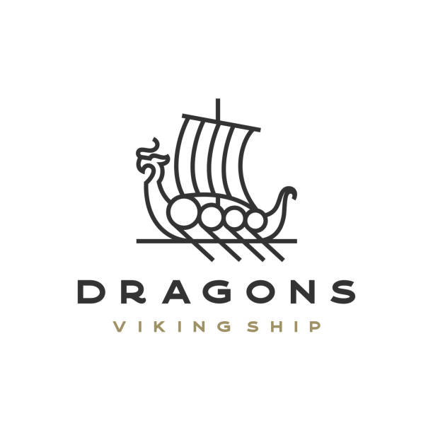 ilustrações, clipart, desenhos animados e ícones de linha de arte viking navio flutuante símbolo modelo de design ilustração de estoque escandinávia, países nórdicos, noruega, navio viking, ícone, símbolo - drakkar