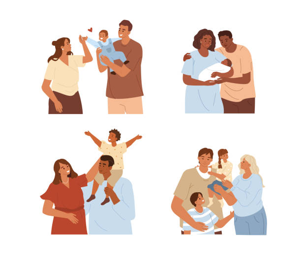 families Multicultural Families Spending Time Together. Mother, Father and  Kids Hugging and Smiling to Each Other. Happy Parents having Fun with their Daughters and Sons. Flat Cartoon Vector Illustration. diverse family stock illustrations