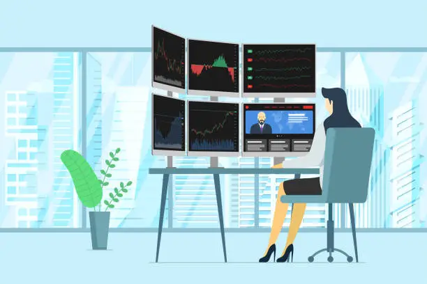 Vector illustration of Stock market female trader in office looking at multiple computer screens with financial charts, diagrams and graphs. Business index analysis concept. Woman broker exchange trading eps illustration