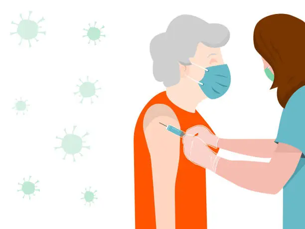 Vector illustration of Health personnel or nurse, vaccinate an elderly woman against the coronavirus,