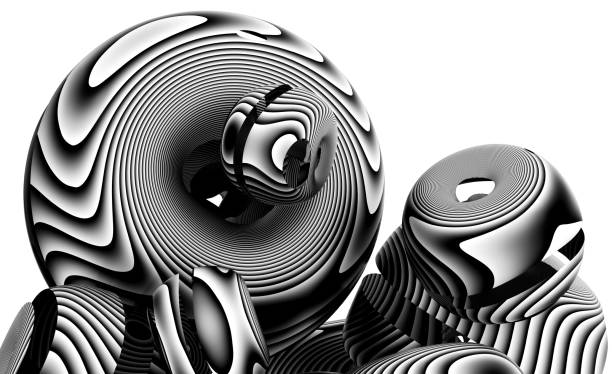 3d render of abstract art with black and white balls with black parallel lines on surface