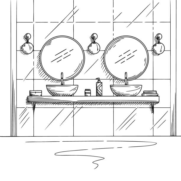 Bathroom sketch. Two washbasins, two round mirrors and other design elements. Vector Bathroom sketch. Two washbasins, two round mirrors and other design elements. Vector illustration bathroom designer shower house stock illustrations