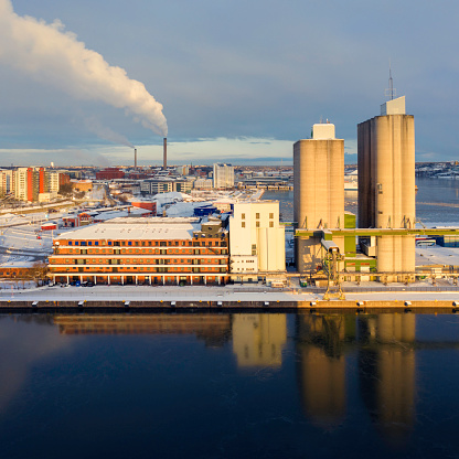 Industrial buildings in Värtahamnen harbor in Stockholm in winter.