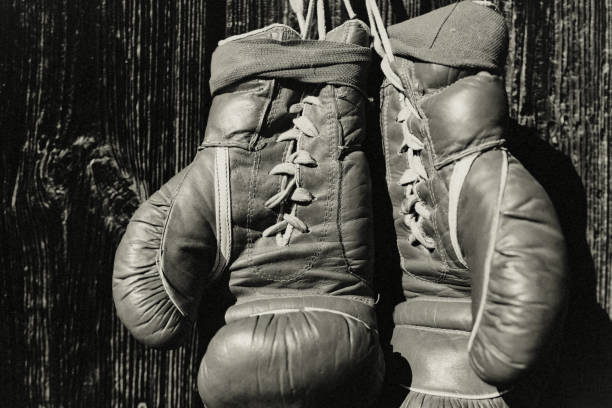 Boxing glove, old, hanging, retro style, wooden background, vintage,