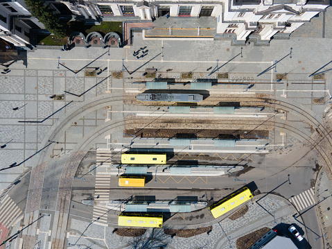 aerial view of public transport stop hub copy space directly above