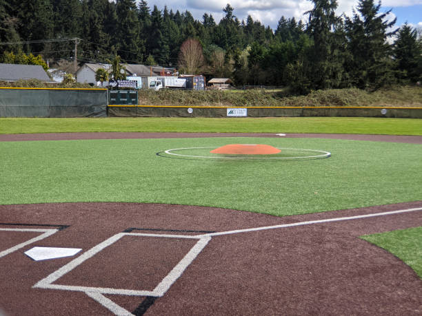 View of an empty baseball field at Northshore Athletic Fields. Woodinville, WA USA - circa April 2021: View of an empty baseball field at Northshore Athletic Fields. american league baseball stock pictures, royalty-free photos & images