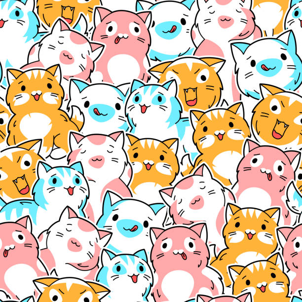 Seamless pattern with cute kawaii cats. Fun animal background. Seamless pattern with cute kawaii cats. Fun animal background. Cartoon stylized characters. cat muzzle meowing cartoon stock illustrations