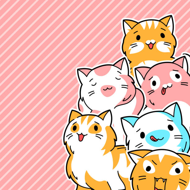 Background with cute kawaii cats. Fun animal illustration. Background with cute kawaii cats. Fun animal illustration. Cartoon stylized characters. cat muzzle meowing cartoon stock illustrations