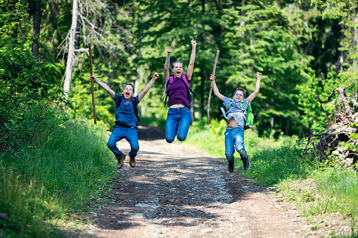 Brothers and sister hiking in beautiful forest. Kids are jumping with joy on forest path.\nNikon D850