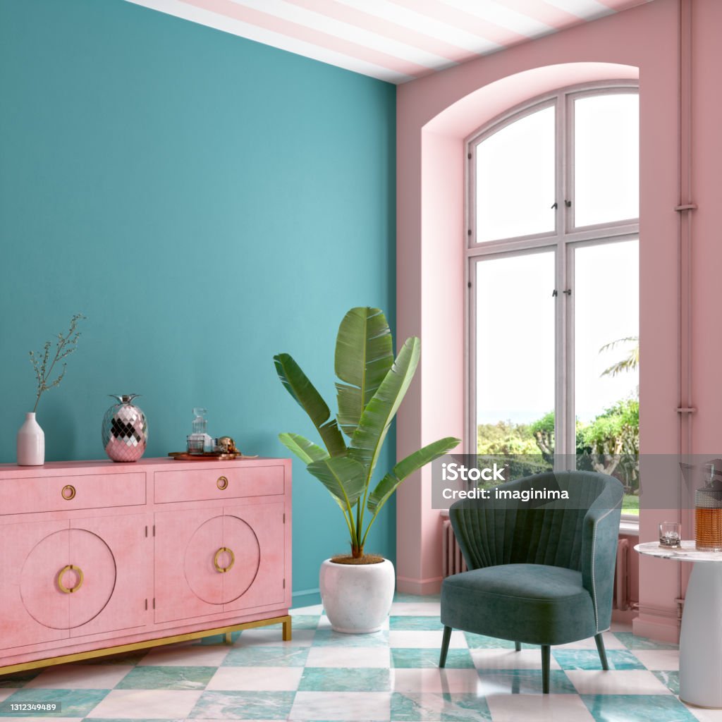 Modern Mid Century Living Room Interior In Pastel Colors Tropical living room design with shades of millennial pink and teal. Multi Colored Stock Photo