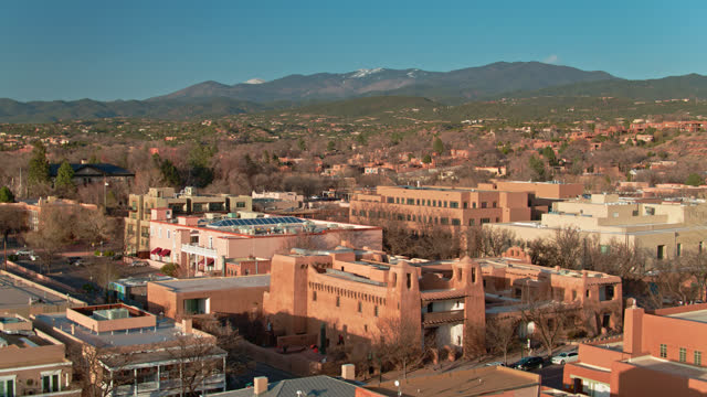 Downtown Santa Fe, Looking Out to the Santa Fe National Forest - Aerial