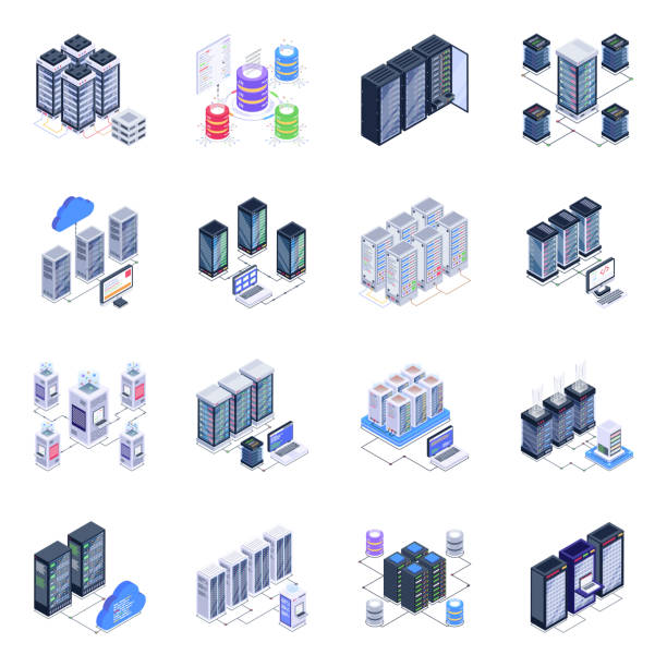 Isometric Icons of Server Racks in Modern Style Designs Isometric storage servers icons with well-crafted visuals of data storage, data racks and modern data technology concepts. Facilitating you with scalable elements, perfect for commercial use! computer part computer symbol computer icon stock illustrations