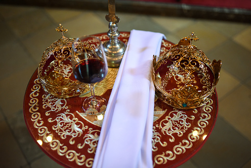 Wedding crowns in orthodox church ready for wedding ceremony