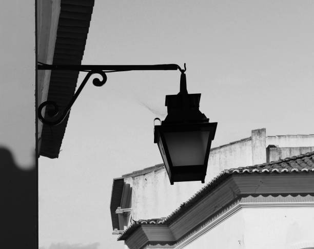 istock street lamp with authentic architecture, black and white 1312352015