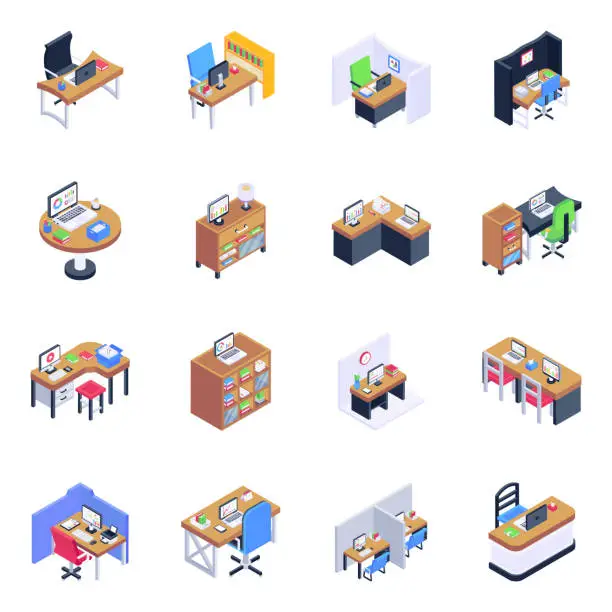 Vector illustration of Pack of Workroom Isometric Icons