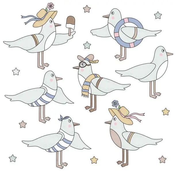 Vector illustration of Set of seabirds - seagulls. Cute funny characters - a boy in a vest and a bandana with a marine lifebuoy and girl with ice cream. Vector. Isolated on white background