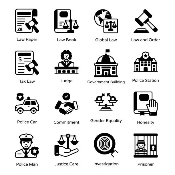 Vector illustration of Pack of Law Glyph Icons