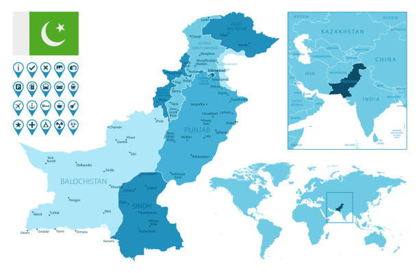 illustrations, cliparts, dessins animés et icônes de pakistan carte bleue administrative détaillée avec drapeau de pays et emplacement sur la carte du monde. - india map cartography pakistan