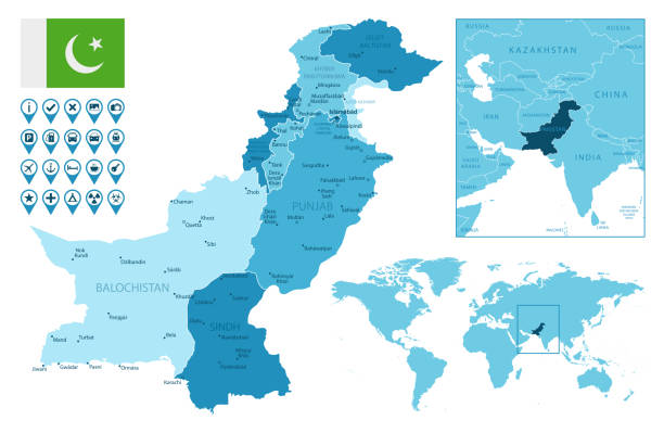 illustrazioni stock, clip art, cartoni animati e icone di tendenza di mappa blu amministrativa dettagliata del pakistan con bandiera del paese e posizione sulla mappa del mondo. - tagikistan