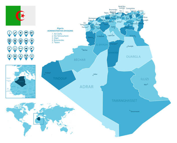 Algeria detailed administrative blue map with country flag and location on the world map. Map link URL:
https://legacy.lib.utexas.edu/maps/world_maps/united_states_foreign_service_posts-september_2011.pdf.
Some urban locations were taken from:
https://legacy.lib.utexas.edu/maps/world_maps/txu-oclc-264266980-world_pol_2008-2.jpg.
The image was created in Adobe Illustrator in eps10 format algeria stock illustrations