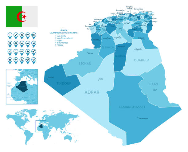 阿爾及利亞詳細的行政藍色地圖，上面有國旗和世界地圖的位置。 - 阿爾及利亞 幅插畫檔、美工圖案、卡通及圖標