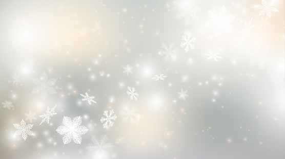 Subtle flying snow flakes and stars on light background. winter silver snowflake template.