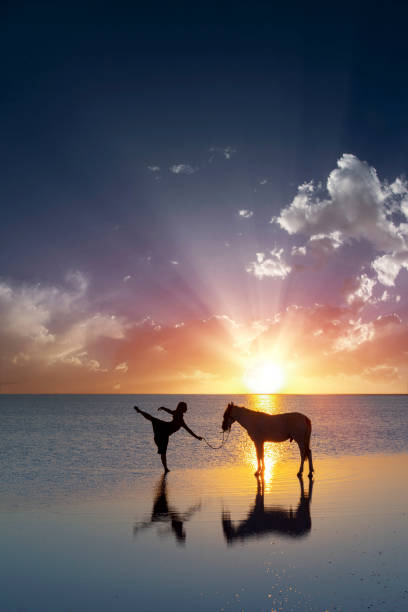 istock Ballerina dancing with horse on water 1312361868